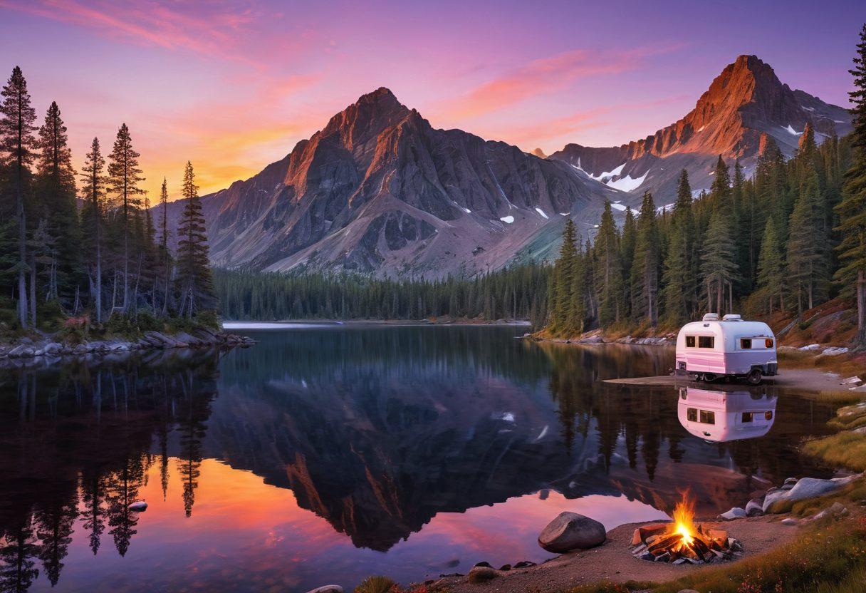 A stunning panoramic view of a rugged mountain landscape at dawn, featuring a cozy camper parked beside a tranquil lake surrounded by pine trees. A campfire with glowing embers casts warm light, and distant hikers can be seen enjoying the trails. The sky is painted with vibrant hues of orange, pink, and purple as the sun rises. The scene exudes adventure and serenity, inviting viewers to imagine their own unforgettable journeys. super-realistic. vibrant colors. panoramic.