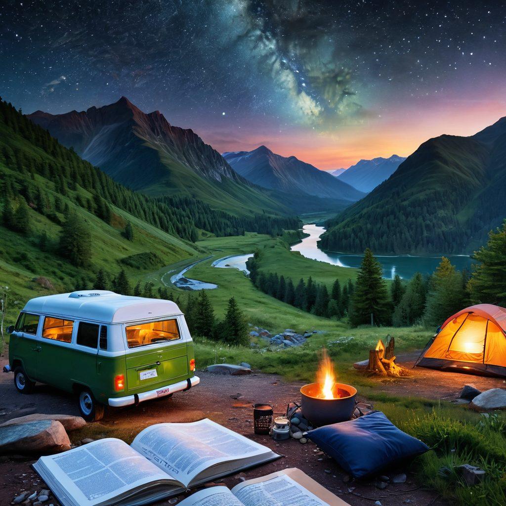 A captivating landscape featuring a winding road through lush green mountains, with a camper van parked alongside a serene campsite under a starry sky. Scattered around are adventure journals, maps, and a steaming mug of coffee, inviting viewers to embark on their own journey. The scene is illuminated by a warm campfire glow, showcasing the spirit of adventure and exploration. super-realistic. vibrant colors. 3D.