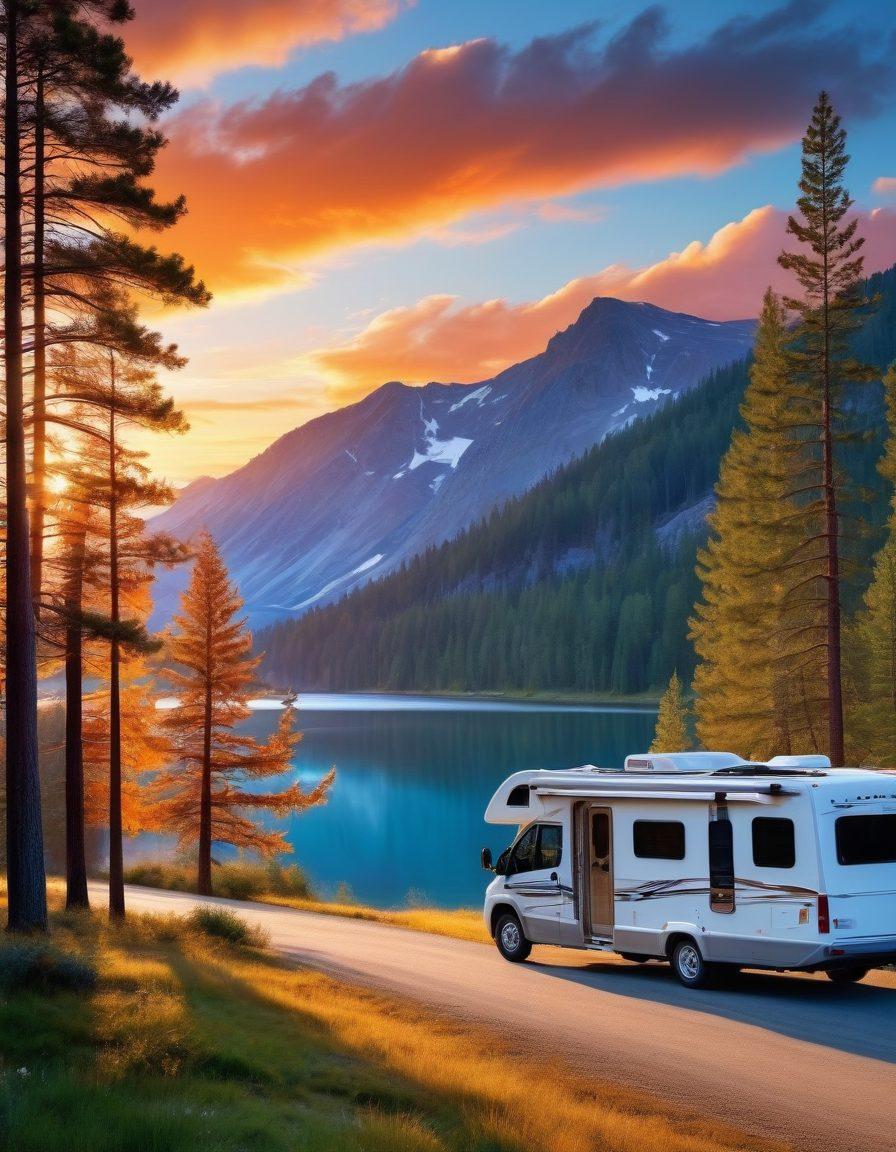 A stunning landscape showcasing a vibrant sunset over rolling hills, with a sleek motorhome parked near a pristine lake surrounded by tall pine trees. In the foreground, a bicycle rests against the motorhome, hinting at adventure and exploration. The sky filled with soft clouds transitions from orange to deep blue, evoking a sense of freedom. super-realistic. vibrant colors. natural scenery.